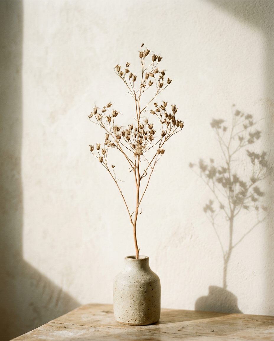 A single dried stem in a ceramic vase casting a long soft shadow on a cream wall