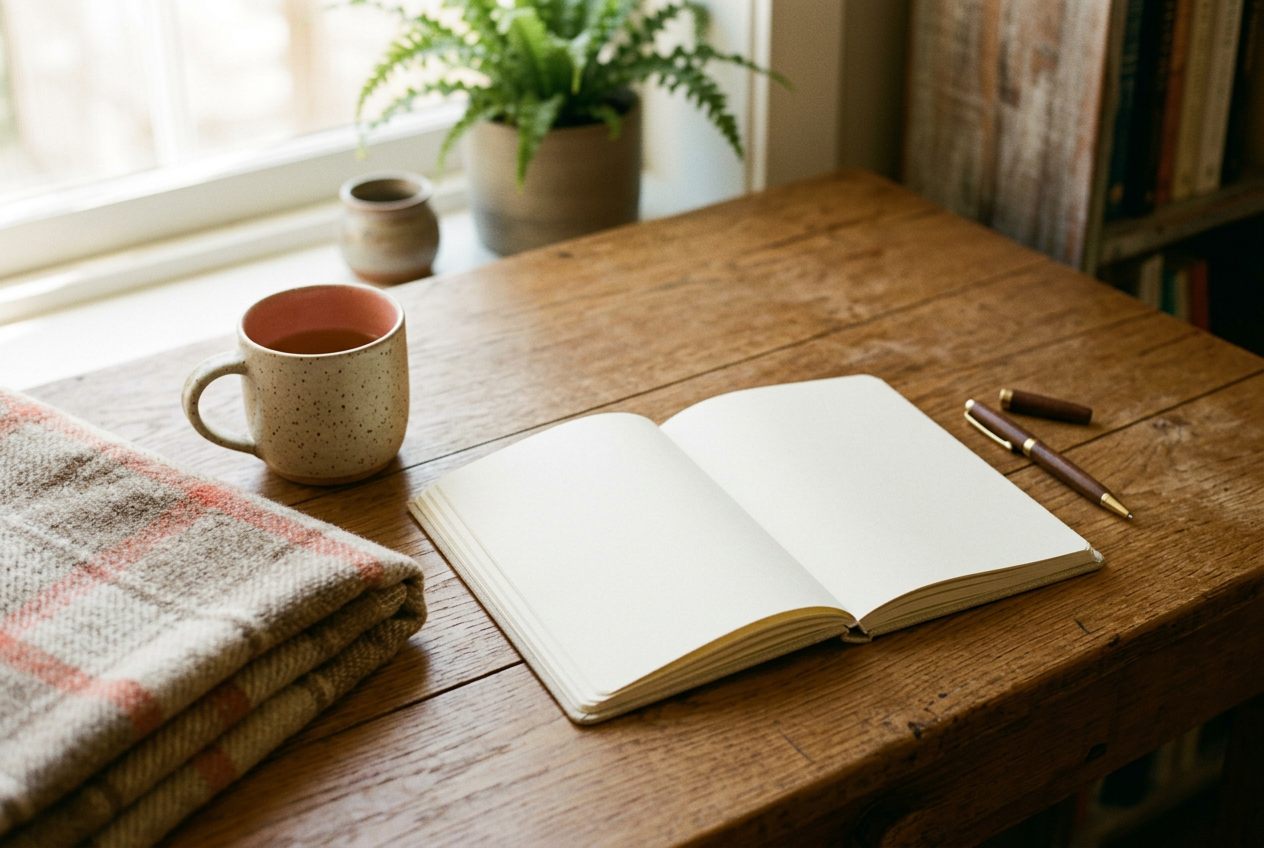 A blank open notebook with a pen, resting on a wool throw beside a ceramic cup